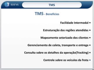 44
Facilidade Intermodal •
Estruturação das regiões atendidas •
Mapeamento setorizado dos clientes •
Gerenciamento de coleta, transporte e entrega •
Consulta sobre os detalhes da operação(Tracking) •
Controle sobre os veículos da frota •
TMS - Benefícios
TMS
 