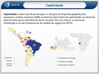 Capilaridade
Capilaridade: a baixa taxa de penetração e o alto grau de dispersão geográfica das
pequenas e médias empresas (SMB) na América Latina fazem da capilaridade um elemento
determinante para o atendimento desse mercado. Por esse motivo, o sistema de
distribuição é um dos fundamentos do modelo de negócio da TOTVS.
Subsidiárias
Somente
Produtos
Franquias
►1 Subsidiária em Portugal
►1 franquia em Angola
►+30 clientes em 6 países
7
 