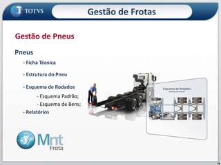 79
Pneus
- Ficha Técnica
- Estrutura do Pneu
- Esquema de Rodados
- Esquema Padrão;
- Esquema de Bens;
- Relatórios
Gestão de Pneus
Gestão de Frotas
 