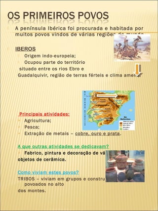    A península Ibérica foi procurada e habitada por
    muitos povos vindos de várias regiões do mundo.

   IBEROS
        Origem indo-europeia;
        Ocupou par te do território
      situado entre os rios Ebro e
    Guadalquivir, região de terras fér teis e clima ameno.




     Principais atividades:
     Agricultura;
     Pesca;
     Extração de metais – cobre, ouro e prata.



    A que outras atividades se dedicavam?
     Fabrico, pintura e decoração de vários

    objetos de cerâmica.

    Como viviam estes povos?
    TRIBOS – viviam em grupos e construíam os seus
      povoados no alto
    dos montes.
 
