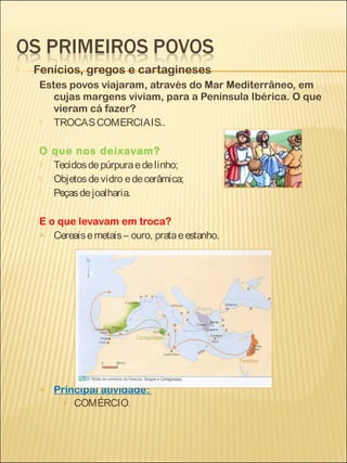    Fenícios, gregos e cartagineses
     Estes povos viajaram, através do Mar Mediterrâneo, em
        cujas margens viviam, para a Península Ibérica. O que
        vieram cá fazer?
       TROCAS COMERCIAIS..

     O que nos deixavam?
      Tecidos de púrpura e de linho;
      Objetos de vidro e de cerâmica;
      Peças de joalharia.

     E o que levavam em troca?
      Cereais e metais – ouro, prata e estanho.




        Principal atividade:
           COMÉRCIO.
 