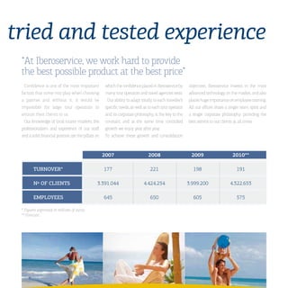 tried and tested experience
 “At Iberoservice, we work hard to provide
 the best possible product at the best price”
  Confidence is one of the most important             which the confidence placed in Iberoservice by      objectives, Iberoservice invests in the most
 factors that come into play when choosing            many tour operators and travel agencies rests.      advanced technology on the market, and also
 a partner and without it, it would be                 Our ability to adapt totally to each traveller’s   places huge importance on employee training.
 impossible for large tour operators to               specific needs, as well as to each tour operator    All our offices share a single team spirit and
 entrust their clients to us.                         and its corporate philosophy, is the key to the     a single corporate philosophy: providing the
  Our knowledge of local tourist markets, the         constant, and at the same time controlled           best service to our clients at all times.
 professionalism and experience of our staff          growth we enjoy year after year.
 and a solid financial position are the pillars on    To achieve these growth and consolidation



        	                                            2007	                       2008	                     2009	                      2010**

        TURNOVER*	                                   177	                         221	                      198	                        191

        Nº	OF	CLIENTS	                          3.391.044	                    4.424.254	                  3.999.200	                4.322.653

        EMPLOYEES	                                   645	                         650	                      605	                        575

 * Figures expressed in millions of euros.
 ** Forecast
 