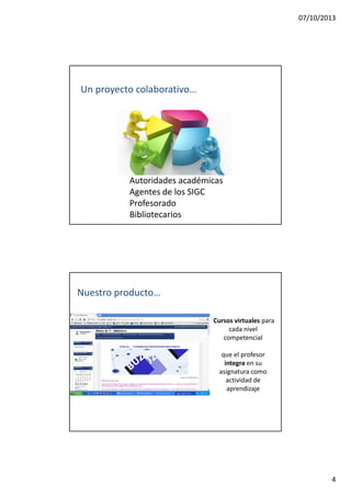 07/10/2013
4
Un proyecto colaborativo…
Autoridades académicas
Agentes de los SIGC
Profesorado
Bibliotecarios
Nuestro producto…
Cursos virtuales para
cada nivel
competencial
que el profesor
integra en su
asignatura como
ti id d dactividad de
aprendizaje