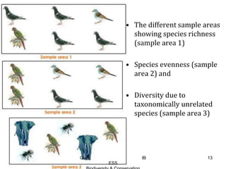 • The different sample areas
showing species richness
(sample area 1)
• Species evenness (sample
area 2) and
• Diversity due to
taxonomically unrelated
species (sample area 3)
13Guru IB
ESS
 