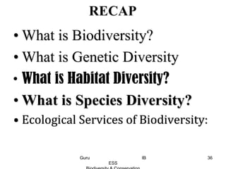 RECAP
• What is Biodiversity?
• What is Genetic Diversity
• What is Habitat Diversity?
• What is Species Diversity?
• Ecological Services of Biodiversity:
36Guru IB
ESS
 