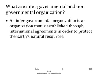 What are inter governmental and non
governmental organization?
• An inter governmental organization is an
organization that is established through
international agreements in order to protect
the Earth’s natural resources.
395Guru IB
ESS
 