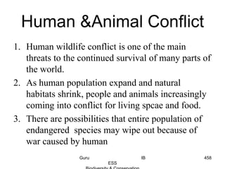 Human &Animal Conflict
1. Human wildlife conflict is one of the main
threats to the continued survival of many parts of
the world.
2. As human population expand and natural
habitats shrink, people and animals increasingly
coming into conflict for living spcae and food.
3. There are possibilities that entire population of
endangered species may wipe out because of
war caused by human
458Guru IB
ESS
 