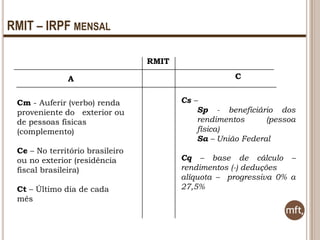 RMIT – IRPF MENSAL
RMIT
A

C

Cm - Auferir (verbo) renda
proveniente do exterior ou
de pessoas físicas
(complemento)

Cs –
Sp - beneficiário dos
rendimentos
(pessoa
física)
Sa – União Federal

Ce – No território brasileiro
ou no exterior (residência
fiscal brasileira)
Ct – Último dia de cada
mês

Cq – base de cálculo –
rendimentos (-) deduções
alíquota – progressiva 0% a
27,5%

 