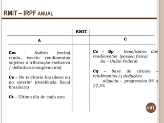 RMIT – IRPF ANUAL
RMIT
A

C

Cm
Auferir
(verbo)
renda, exceto rendimentos
sujeitos a tributação exclusiva
/ definitiva (complemento)

Cs - Sp - beneficiário dos
rendimentos (pessoa física)
Sa – União Federal

Ce – No território brasileiro ou
no exterior (residência fiscal
brasileira)
Ct – Último dia de cada ano

Cq – base de cálculo –
rendimentos (-) deduções
alíquota – progressiva 0% a
27,5%

 