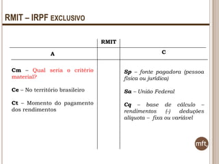RMIT – IRPF EXCLUSIVO
RMIT
A

C

Cm – Qual seria o critério
material?

Sp – fonte pagadora (pessoa
física ou jurídica)

Ce – No território brasileiro

Sa – União Federal

Ct – Momento do pagamento
dos rendimentos

Cq – base de cálculo –
rendimentos
(-)
deduções
alíquota – fixa ou variável

 