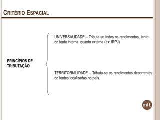 CRITÉRIO ESPACIAL

UNIVERSALIDADE – Tributa-se todos os rendimentos, tanto
de fonte interna, quanto externa (ex: IRPJ)

PRINCÍPIOS DE
TRIBUTAÇÃO
TERRITORIALIDADE – Tributa-se os rendimentos decorrentes
de fontes localizadas no país.

 