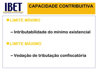 CAPACIDADE CONTRIBUITIVA LIMITE MÍNIMO Intributabilidade do mínimo existencial LIMITE MÁXIMO Vedação de tributação confiscatória 