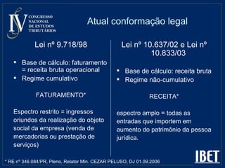 Atual conformação legal Lei nº 9.718/98 Base de cálculo: faturamento = receita bruta operacional Regime cumulativo FATURAMENTO* Espectro restrito = ingressos oriundos da realização do objeto  social da empresa (venda de mercadorias ou prestação de serviços) Lei nº 10.637/02 e Lei nº 10.833/03 Base de cálculo: receita bruta Regime não-cumulativo RECEITA* espectro amplo = todas as entradas que importem em aumento do patrimônio da pessoa jurídica . * RE nº 346.084/PR, Pleno, Relator Min. CEZAR PELUSO, DJ 01.09.2006  