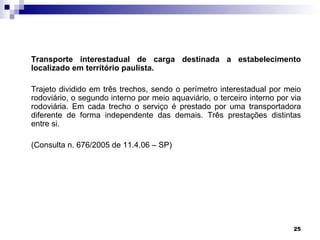 Transporte interestadual de carga destinada a estabelecimento
localizado em território paulista.

Trajeto dividido em três trechos, sendo o perímetro interestadual por meio
rodoviário, o segundo interno por meio aquaviário, o terceiro interno por via
rodoviária. Em cada trecho o serviço é prestado por uma transportadora
diferente de forma independente das demais. Três prestações distintas
entre si.

(Consulta n. 676/2005 de 11.4.06 – SP)




                                                                          25
 