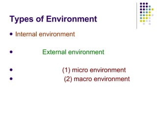 Types of Environment Internal environment  External environment (1) micro environment (2) macro environment 