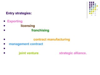 Entry strategies: Exporting  licensing  franchising  contract manufacturing   management contract  joint venture   strategic alliance.   
