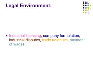 Legal Environment: Industrial licensing ,  company formulation ,  industrial disputes ,  trade unionism ,  payment of wages 