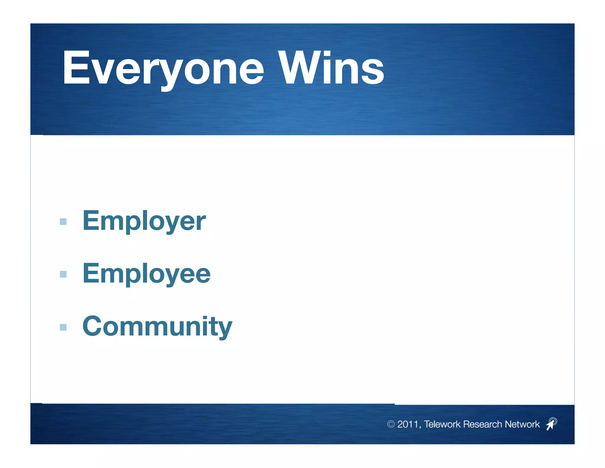 Everyone Wins


    Employer
    Employee
    Community


                  © 2011, Telework Research Network
 