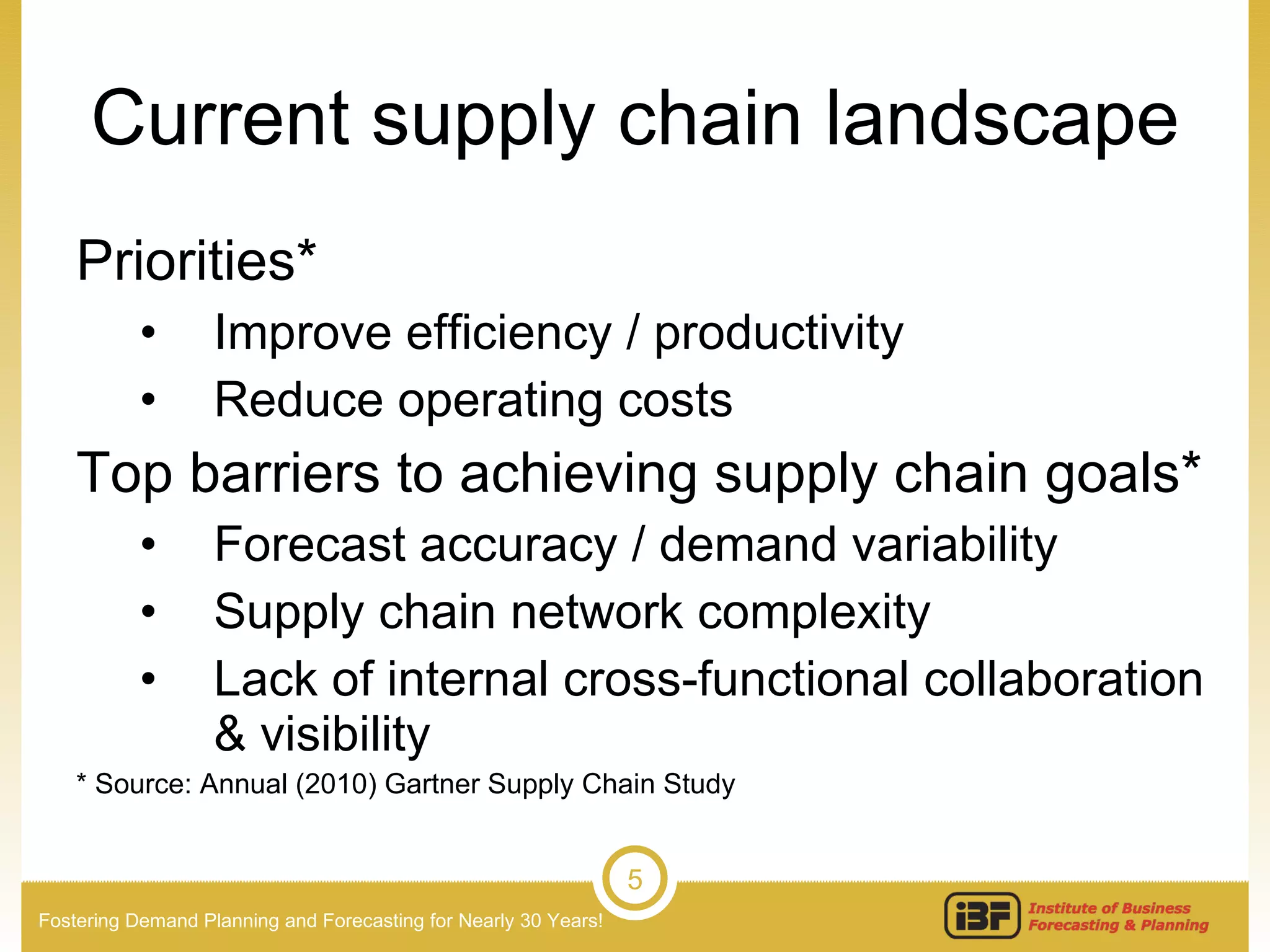 Current supply chain landscape Priorities* Improve efficiency / productivity Reduce operating costs Top barriers to achieving supply chain goals* Forecast accuracy / demand variability Supply chain network complexity Lack of internal cross-functional collaboration & visibility * Source: Annual (2010) Gartner Supply Chain Study 