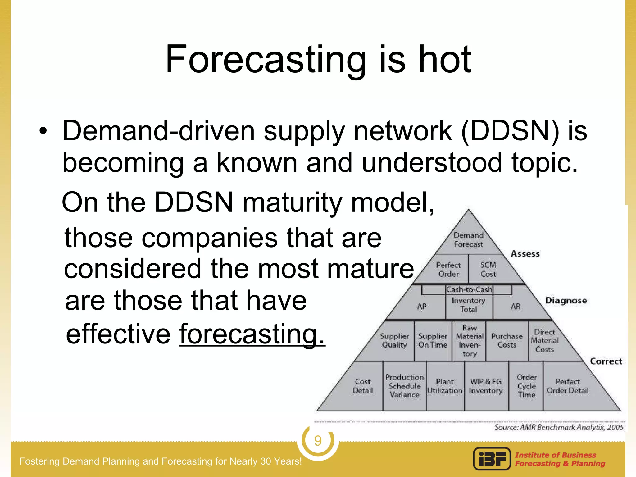 Forecasting is hot Demand-driven supply network (DDSN) is becoming a known and understood topic.  On the DDSN maturity model,  those companies that are considered the most mature are those that have effective  forecasting. 