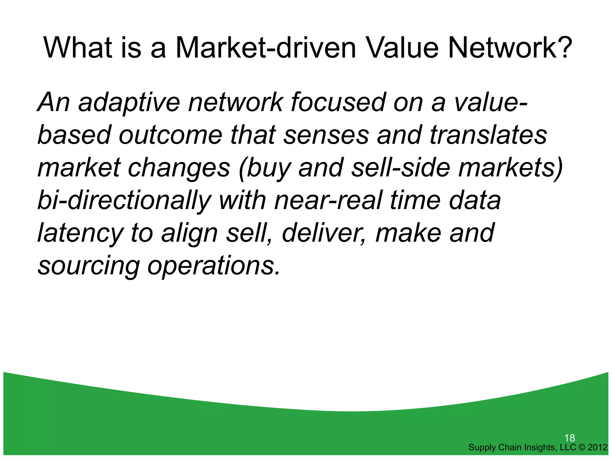 What is a Market-driven Value Network?
An adaptive network focused on a value-
based outcome that senses and translates
market changes (buy and sell-side markets)
bi-directionally with near-real time data
latency to align sell, deliver, make and
sourcing operations.




                                                        18
                                  Supply Chain Insights, LLC © 2012
 