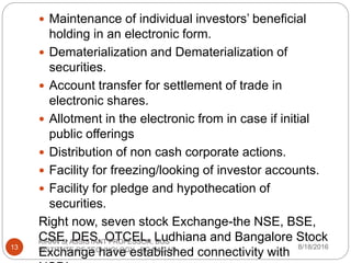  Maintenance of individual investors’ beneficial
holding in an electronic form.
 Dematerialization and Dematerialization of
securities.
 Account transfer for settlement of trade in
electronic shares.
 Allotment in the electronic from in case if initial
public offerings
 Distribution of non cash corporate actions.
 Facility for freezing/looking of investor accounts.
 Facility for pledge and hypothecation of
securities.
Right now, seven stock Exchange-the NSE, BSE,
CSE, DES, OTCEL, Ludhiana and Bangalore Stock
Exchange have established connectivity with
8/18/2016
KIRAN S, ASSISTANT PROFESSOR, BGS
INSTITUTE OF TECHNOLOGY , BG NAGAR13
 