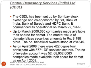 Central Depository Services (India) Ltd
(CDSL)
 The CSDL has been set up by Bombay stock
exchange and co-sponsored by SB, Bank of
India, Bank of Baroda and HDFC Bank. It
commenced its operational on March 22, 1999.
 Up to March 2000,680 companies made available
their shared for demat. The market value of
dematerializes securities amounts to Rs, 8,188
crore. The no. beneficial owners stood at 284545.
 As on April 2008 there were 422 depository
participate with 5771 DP services centers. The no
of investor account was 52, 68,932.6063
companies made available their share for demat
as on April 2008.
8/18/2016
KIRAN S, ASSISTANT PROFESSOR, BGS
INSTITUTE OF TECHNOLOGY , BG NAGAR14
 