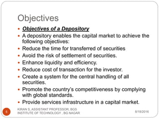Objectives
 Objectives of a Depository
 A depository enables the capital market to achieve the
following objectives:
 Reduce the time for transferred of securities
 Avoid the risk of settlement of securities.
 Enhance liquidity and efficiency.
 Reduce cost of transaction for the investor.
 Create a system for the central handling of all
securities.
 Promote the country’s competitiveness by complying
with global standards.
 Provide services infrastructure in a capital market.
8/18/2016
KIRAN S, ASSISTANT PROFESSOR, BGS
INSTITUTE OF TECHNOLOGY , BG NAGAR5
 