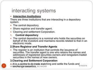 interacting systems
 Interaction Institutions
There are three institutions that are interacting in a depository
system.
 The central depository.
 Share registrar and transfer agent.
 Clearing and settlement Corporation.
1. Central depository
 The central depository is a nominal who holds the securities on
behalf of the investors and maintains records related to that in an
electronic mode.
2.Share Registrar and Transfer Agents
 The register is an institution that controls the issuance of
securities. The transfer agent is one who retains the names and
addresses of registered securities owners and reregisters traded
securities in the names of new owners.
3.Clearing and Settlement Corporation
 It is a centre to do trade matching and settle the funds and
exchange securities. 8/18/2016
KIRAN S, ASSISTANT PROFESSOR, BGS
INSTITUTE OF TECHNOLOGY , BG NAGAR7
 