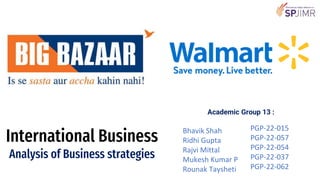 International Business
Analysis of Business strategies
Academic Group 13 :
Bhavik Shah
Ridhi Gupta
Rajvi Mittal
Mukesh Kumar P
Rounak Taysheti
PGP-22-015
PGP-22-057
PGP-22-054
PGP-22-037
PGP-22-062
 