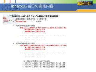 Ib_read_bwの測定結果
 コメント
– チューニング等を一切していないデフォルト状態でib_read_bwの実施をした結果、パケットサイズ
が4KB以降では、おおよそ6GB/sec(48Gbps)の表示。実効レート付近に近い値となっている。
ib_read_bwやib_write_bwは、測定の意味合い的にはiperfやnetperfに近しいツール。
– TCP/IPにて一度、クライアント側からホスト側のサーバープログラムに対しアクセスし、その後、
Infinibandの通信にてバンド幅の測定を行っている。
 