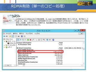 RDMA有効（並列のコピー処理）
 コメント
– 並列でのコピー処理では、転送速度が向上するのではないか？との仮説に基づいて以後の測定を実施、
仮説どおり、スループットは3.3GB/sec(26Gbps)まで向上した
– iometerの処理スレッド数の増加によるIOPSや転送速度の向上、Las VegasのInterrop 2012での
MellanoxとMicrosoftのSMB Directの報告PDFにあるSMB Diriect処理に対し割り当てスレッド数を
最大化することで、スループットが向上すると言った内容にヒントを得た。
 