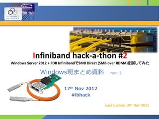 Infiniband hack-a-thon #2
Windows Server 2012 + FDR InfinibandでSMB Direct (SMB over RDMA)を試してみた
Windows班まとめ資料 rev1.3
17th Nov 2012
#ibhack
Last Update 04th Feb 2014
 