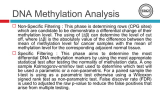 DNA Methylation Analysis
 Non-Specific Filtering : This phase is determining rows (CPG sites)
which are candidate to be demonstrate a differential change of their
methylation level. The using of |∆β| can determine the level of cut
off, where |∆β| is the absolutely value of the difference between the
mean of methylation level for cancer samples with the mean of
methylation level for the corresponding adjacent normal tissue.
 Specific Filtering : This phase aims to determine the most
differential DNA methylation markers by using the most appropriate
statistical test after testing the normality of methylation data. A one
sample Kolmogorov-smirnov test used to determine which test will
be used a parametric or a non-parametric. For a paired sample the
t-test is using as a parametric test otherwise using a Wilcoxon
signed rank test as non-parametric test. False discover rate (FDR)
is used to adjusted the raw p-value to reduce the false positives that
arise from multiple testing.
 