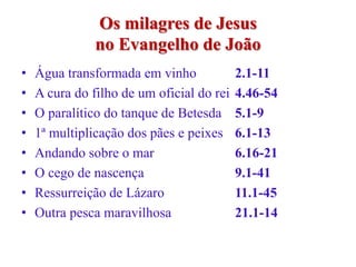 Os milagres de Jesus
               no Evangelho de João
•   Água transformada em vinho             2.1-11
•   A cura do filho de um oficial do rei   4.46-54
•   O paralítico do tanque de Betesda      5.1-9
•   1ª multiplicação dos pães e peixes     6.1-13
•   Andando sobre o mar                    6.16-21
•   O cego de nascença                     9.1-41
•   Ressurreição de Lázaro                 11.1-45
•   Outra pesca maravilhosa                21.1-14
 