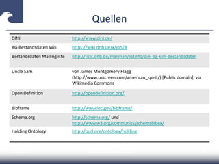 Quellen
2014-04-15 Carsten Klee (ZDB) @collidoscope 51
DINI http://www.dini.de/
AG Bestandsdaten Wiki https://wiki.dnb.de/x/johZB
Bestandsdaten Mailingliste http://lists.dnb.de/mailman/listinfo/dini-ag-kim-bestandsdaten
Uncle Sam von James Montgomery Flagg
(http://www.usscreen.com/american_spirit/) [Public domain], via
Wikimedia Commons
Open Definition http://opendefinition.org/
Bibframe http://www.loc.gov/bibframe/
Schema.org http://schema.org/ und
http://www.w3.org/community/schemabibex/
Holding Ontology http://purl.org/ontology/holding
 