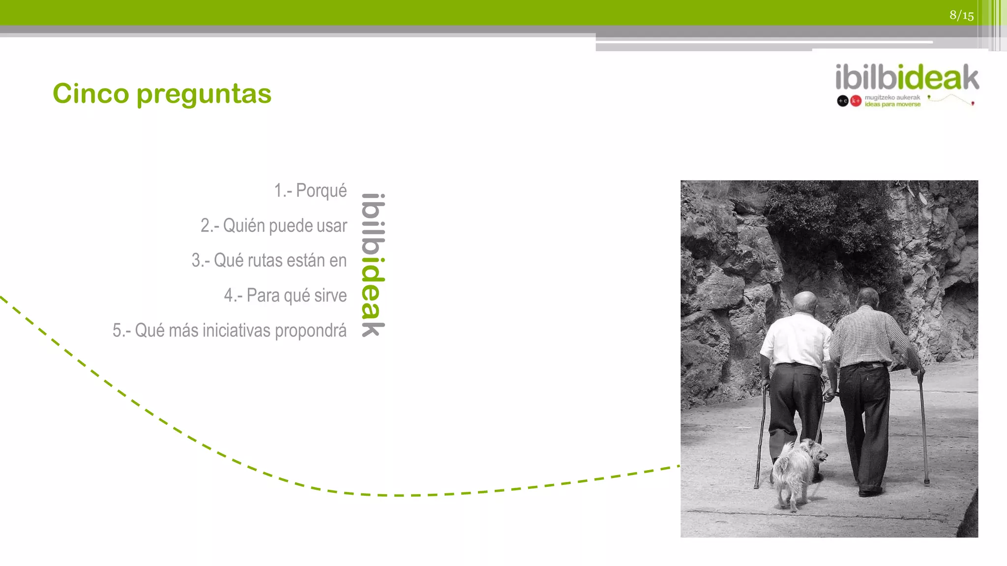 8/15




Cinco preguntas


                          1.- Porqué




                                        ibilbideak
                2.- Quién puede usar
               3.- Qué rutas están en
                   4.- Para qué sirve
    5.- Qué más iniciativas propondrá
 