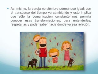  Así mismo, la pareja no siempre permanece igual; con
el transcurso del tiempo va cambiando y esto implica
que sólo la comunicación constante nos permita
conocer esas transformaciones, para entenderlas,
respetarlas y poder saber hacia dónde va esa relación.
 