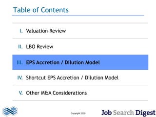 Table of Contents

  I. Valuation Review


 II. LBO Review


 III. EPS Accretion / Dilution Model

 IV. Shortcut EPS Accretion / Dilution Model

 V. Other M&A Considerations


                        Copyright 2009
 
