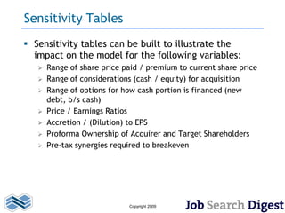 Sensitivity Tables
 Sensitivity tables can be built to illustrate the
  impact on the model for the following variables:
      Range of share price paid / premium to current share price
      Range of considerations (cash / equity) for acquisition
      Range of options for how cash portion is financed (new
       debt, b/s cash)
      Price / Earnings Ratios
      Accretion / (Dilution) to EPS
      Proforma Ownership of Acquirer and Target Shareholders
      Pre-tax synergies required to breakeven




                             Copyright 2009
 