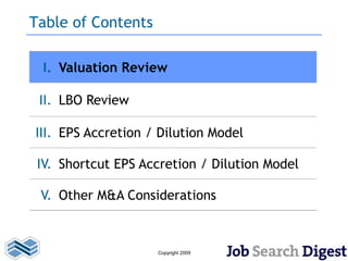 Table of Contents

 I. Valuation Review

 II. LBO Review

III. EPS Accretion / Dilution Model

 IV. Shortcut EPS Accretion / Dilution Model

 V. Other M&A Considerations



                    Copyright 2009
 