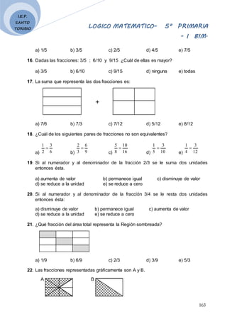 LOGICO MATEMATICO– 5º PRIMARIA
- I BIM.
163
I.E.P.
SANTO
TORIBIO
a) 1/5 b) 3/5 c) 2/5 d) 4/5 e) 7/5
16. Dadas las fracciones: 3/5 ; 6/10 y 9/15 ¿Cuál de ellas es mayor?
a) 3/5 b) 6/10 c) 9/15 d) ninguna e) todas
17. La suma que representa las dos fracciones es:
a) 7/6 b) 7/3 c) 7/12 d) 5/12 e) 8/12
18. ¿Cuál de los siguientes pares de fracciones no son equivalentes?
a) 6
3
2
1

b) 9
6
3
2

c) 16
10
8
5

d) 10
3
5
1

e) 12
3
4
1

19. Si al numerador y al denominador de la fracción 2/3 se le suma dos unidades
entonces ésta.
a) aumenta de valor b) permanece igual c) disminuye de valor
d) se reduce a la unidad e) se reduce a cero
20. Si al numerador y al denominador de la fracción 3/4 se le resta dos unidades
entonces ésta:
a) disminuye de valor b) permanece igual c) aumenta de valor
d) se reduce a la unidad e) se reduce a cero
21. ¿Qué fracción del área total representa la Región sombreada?
a) 1/9 b) 6/9 c) 2/3 d) 3/9 e) 5/3
22. Las fracciones representadas gráficamente son A y B.
B
A
+
 