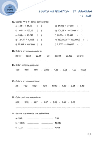 LOGICO MATEMATICO– 5º PRIMARIA
- I BIM.
210
I.E.P.
SANTO
TORIBIO
02. Escribe “V” o “F” donde corresponda:
a) 48,54 < 84,45 ( ) b) 37,030 = 37,300 ( )
c) 105,1 > 105,10 ( ) d) 101,28 = 101,2800 ( )
e) 93,24 = 93,240 ( ) f) 85,054 < 85,540 ( )
g) 7,6428 < 7,4628 ( ) h) 230,01000 > 220,01100 ( )
i) 69,999 > 69,1000 ( ) j) 0,0003 < 0,00030 ( )
03. Ordena en forma decreciente
23,48 - 32,84 - 22,04 - 23 - 23,841 - 23,483 - 23,048
......................................................................................................................................
04. Orden en forma creciente:
4,99 - 0,89 - 4,90 - 0,089 - 4,36 - 0,98 - 4,09 - 0,098
......................................................................................................................................
05. Ordena en forma creciente:
3,8 - 7,02 - 0,92 - 1,20 - 4,025 - 1,35 - 3,64 - 0,45
....................................................................................................................................
06. Orden en forma decreciente:
5,78 - 9,76 - 5,87 - 9,67 - 3,95 - 3,59 - 3,16
......................................................................................................................................
07. Escribe dos números que estén entre
a) 5,48 ..................... ..................... 5,50
b) 16,036 ..................... ..................... 16,042
c) 7,027 ..................... ..................... 7,028
 