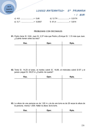 LOGICO MATEMATICO– 5º PRIMARIA
- I BIM.
228
I.E.P.
SANTO
TORIBIO
c) 4,6: ..........................= 0,46 d) 5,174 :......................= 0,5174
e) 5,7 : .........................= 0,0057 f) 61,4 : ........................= 0,614
P
PR
RO
OB
BL
LE
EM
MA
AS
S C
CO
ON
N D
DE
EC
CI
IM
MA
AL
LE
ES
S
01. Pedro tiene S/. 5,64, Juan S/. 2,37 más que Pedro y Enrique S/. 1,15 más que Juan.
¿Cuánto tienen entre los tres?
Raz. Oper. Rpta.
02. Tenía S/. 14,25 el lunes, el martes cobré S/. 16,89, el miércoles cobré S/.97 y el
jueves pagué S/. 56,07.m ¿Cuánto me queda?
Raz. Oper. Rpta.
03. La altura de una persona es de 1,85 m. y la de una torre es de 26 veces la altura de
la persona, menos 1,009. Hallar la altura de la torre.
Raz. Oper. Rpta.
 