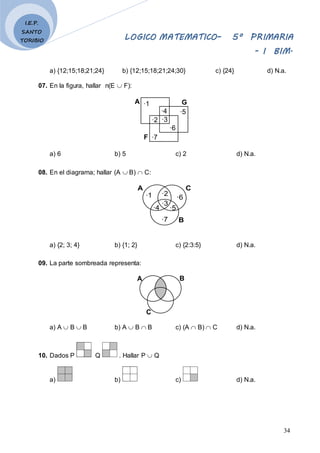 LOGICO MATEMATICO– 5º PRIMARIA
- I BIM.
34
I.E.P.
SANTO
TORIBIO
a) {12;15;18;21;24} b) {12;15;18;21;24;30} c) {24} d) N.a.
07. En la figura, hallar n(E  F):
·1
·2 ·3
·4
·6
·7
·5
A G
F
a) 6 b) 5 c) 2 d) N.a.
08. En el diagrama; hallar (A  B)  C:
A
·1
·3
·2
·6
·7
·4
B
C
·5
a) {2; 3; 4} b) {1; 2} c) {2:3:5} d) N.a.
09. La parte sombreada representa:
A B
C
a) A  B  B b) A  B  B c) (A  B)  C d) N.a.
10. Dados P Q . Hallar P  Q
a) b) c) d) N.a.
 