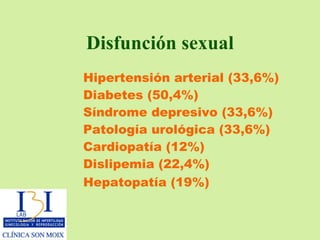 Disfunción sexual Hipertensión arterial  (33,6 % ) Diabetes  (50,4 % )   Síndrome depresivo  (33,6 % ) Patología urológica  (33,6 % ) Cardiopatía  ( 1 2 % ) Dislipemia  (22,4 % ) Hepatopatía (19%) 