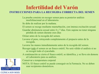 Infertilidad del Varón INSTRUCCIONES PARA LA RECOGIDA CORRECTA DEL SEMEN La prueba consiste en recoger semen para su posterior análisis morfofuncional en el laboratorio. Se debe de realizar por la mañana. El semen se recoge mediante masturbación, con intensa excitación sexual. Guardar abstinencia sexual entre 4 y 7 días. Esto supone no tener ninguna pérdida de semen durante esos días Orinar antes de la recogida del semen. Lavarse el pene, retrayendo completamente el prepucio antes de la recogida. Lavarse las manos inmediatamente antes de la recogida del semen. Recoger  todo  el semen en un frasco estéril. No será válido el análisis si no se recogió todo el eyaculado. A continuación se cierra el frasco estéril, se identifica, y se lleva sin demora al Laboratorio para su análisis. Conservar a temperatura corporal NOTA: El frasco estéril se puede conseguir en la Farmacia. No se deben usar recipientes domésticos. 