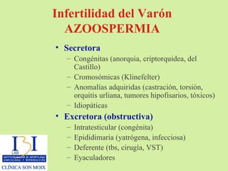 Infertilidad del Varón AZOOSPERMIA Secretora Congénitas (anorquia, criptorquidea, del Castillo) Cromosómicas (Klinefelter) Anomalías adquiridas (castración, torsión, orquitis urliana, tumores hipofisarios, tóxicos) Idiopáticas Excretora (obstructiva) Intratesticular (congénita) Epididimaria (yatrógena, infecciosa) Deferente (tbs, cirugía, VST) Eyaculadores 