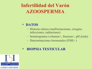 Infertilidad del Varón AZOOSPERMIA DATOS Historia clínica (malformaciones, cirugías, infecciones, radiaciones) Seminograma (volumen<, fructosa<, pH ácido) Determinaciones hormonales (FSH> ) BIOPSIA TESTICULAR 