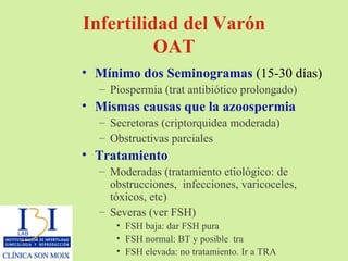 Infertilidad del Varón OAT Mínimo dos Seminogramas  (15-30 días) Piospermia (trat antibiótico prolongado) Mismas causas que la azoospermia Secretoras (criptorquidea moderada) Obstructivas parciales Tratamiento Moderadas (tratamiento etiológico: de obstrucciones,  infecciones, varicoceles, tóxicos, etc)  Severas (ver FSH) FSH baja: dar FSH pura FSH normal: BT y posible  tra FSH elevada: no tratamiento. Ir a TRA 